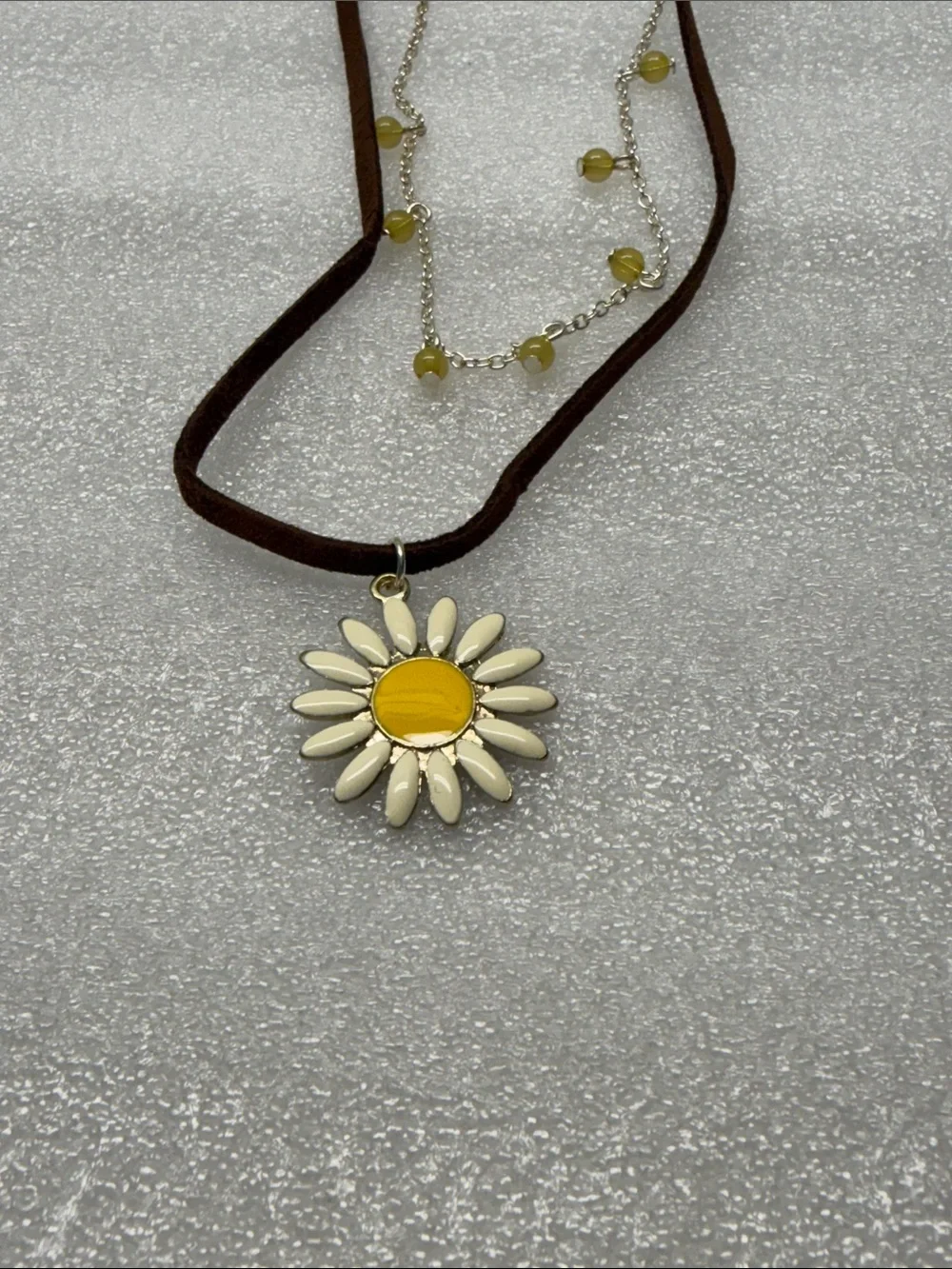Justice Brown Suede Layered Necklace with Yellow Daisy Pendant. NEW